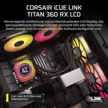 Рідинне охолодження процесора Corsair iCUE LINK Titan 360 RX LCD, 360мм AIO, FlowDrive, 3x RX120 RGB вентилятори, LCD-дисплей, для Intel LGA 1851/1700, AMD AM5/AM4, чорний