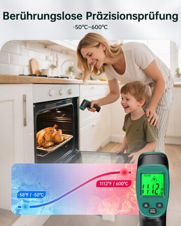 Інфрачервоний термометр ERICKHILL -50℃~800℃: безконтактний лазерний термометр з LCD-дисплеєм, регульований коефіцієнт випромінювання. Підходить для приготування їжі, грилю, заморожування, промисловості