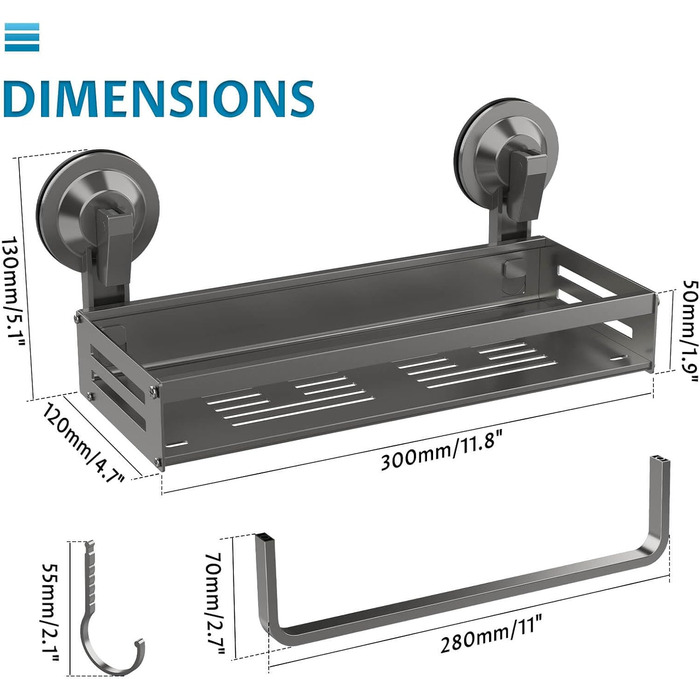 Поличка для душу Onemake з присосками, Дзеркальна поличка для ванної кімнати з ручками, Організатор для ванної кімнати з тримачем для рушників, Матовий чорний (30 см, 1 шт.)