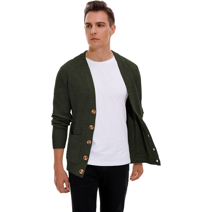 Чоловічий в'язаний кардиган Sailwind з V-подібним вирізом, зимова куртка, класичний дизайн, довгий рукав, з ґудзиками та кишенями (оливковий, M)