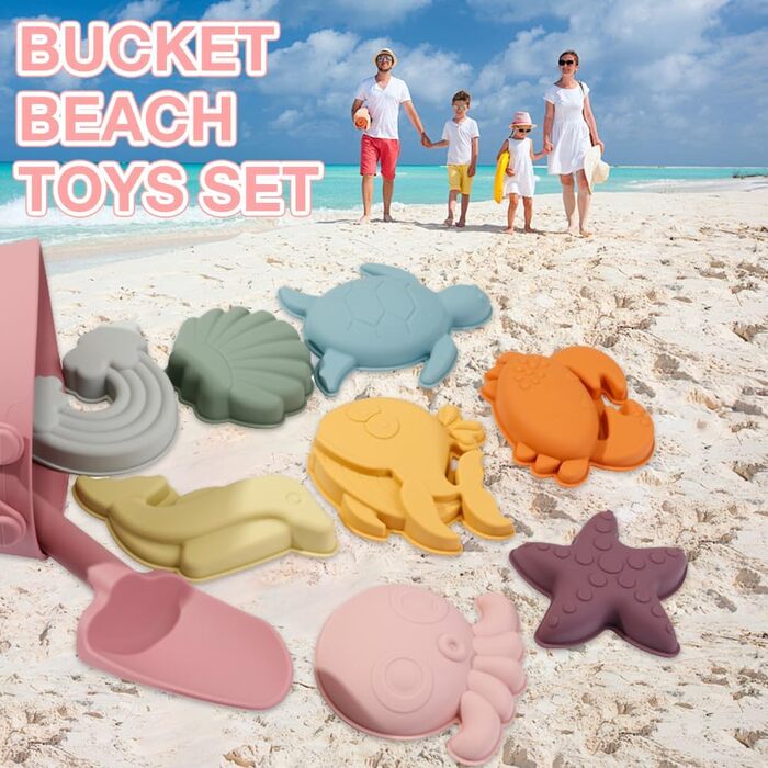 Silicone Sand Toy Set, 10-Piece Silicone Beach Toy Set, Beach Toys for Kids, with Bucket, Shovels, and 8 Sand Molds (Sea Creatures), for Boys and Girls
