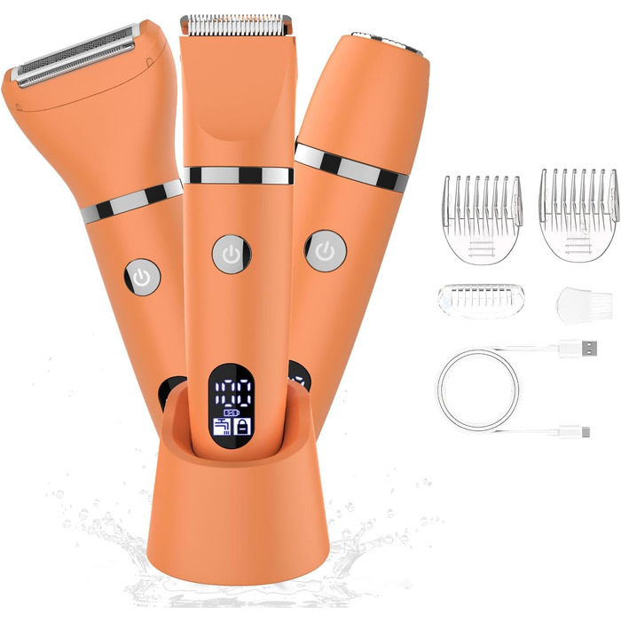 Електричний жіночий триммер 3-в-1 для обличчя, тіла та зони бікіні. Вологостійкий, з LCD-дисплеєм, помаранчевий