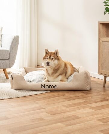 Lionto Dog Basket with Fluffy Reversible Cushion, Cozy Pet Bed in Heathered Design with Deep Entry for Dogs & Cats of All Sizes, 80x60 cm, Soft Dog Bed, (Beige, L 110 x W 80 x H 28 cm (with name tag))