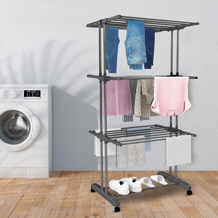 Воніа - багаторівнева сушилка для білизни на колесах, білий металевий стійка, 3 яруси, 6 відкидних крил, 72 x 50 x 172 см, економна, мобільна та стабільна для внутрішнього та зовнішнього використання