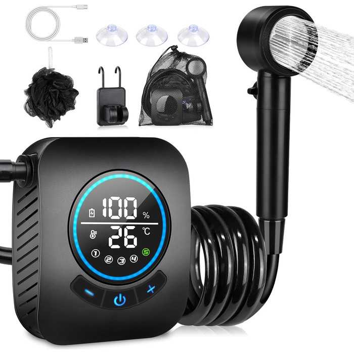 Camping Shower, [8000mAh] Portable Camping Shower with Pump and Temperature Gauge, Mobile Outdoor Shower Set with Showerhead and 2M Hose for Camping, Garden, Car Washing, Beach, Travel, Pet