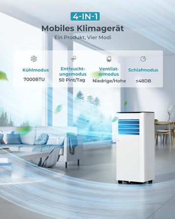 Мобільний кондиціонер 7000 BTU з витяжним шлангом | 4-в-1 | Тиха робота | Дисплей + пульт | Комплект для установки у вікно | Таймер 24г | Для приміщень до 20 м²