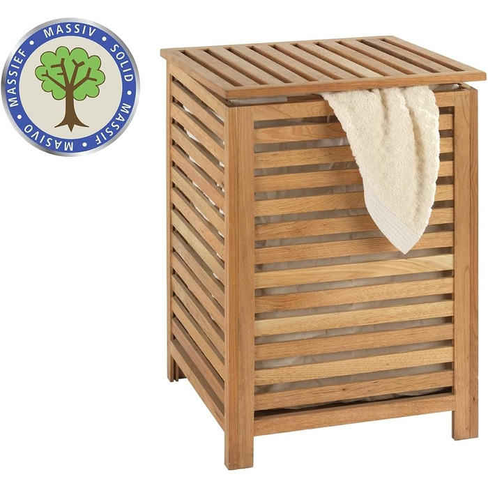 WENKO Laundry Hamper Norway, Laundry Collector with Removable Cotton Laundry Bag, Walnut Wood, Capacity 56 L, 45 x 65 x 45 cm, Natural