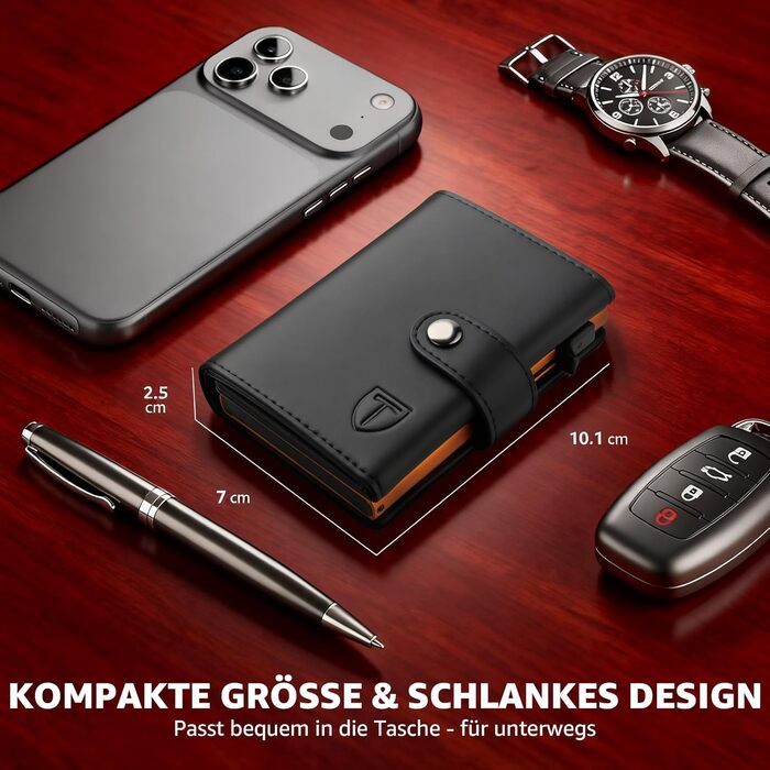 Чоловічий гаманець TENBST з відділом для монет, Slim Wallet, картхолдер на 8-10 карт, RFID захист, преміум якість, чорний