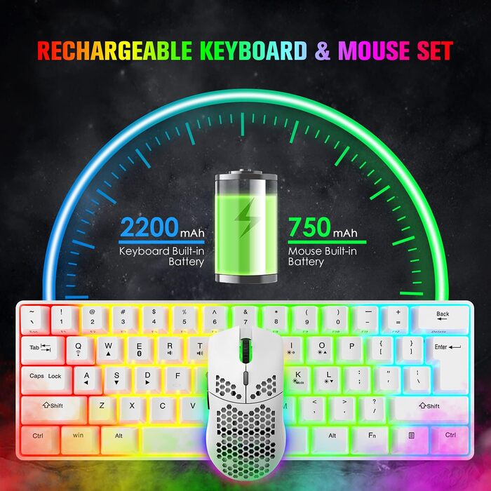 Механічна ігрова бездротова клавіатура з підсвічуванням RGB та миша Bluetooth 5.0/2.4G USB - Dual Mode, 2200 mAh, Anti-Ghosting, білий колір