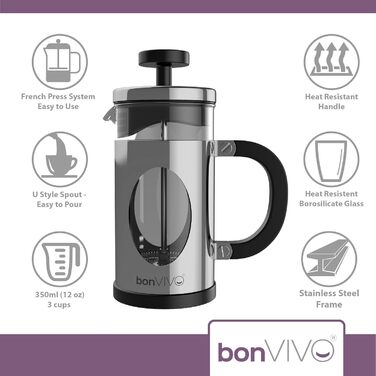 bonVIVO GAZETARO - Френч-прес для кави, 3 чашки, скло, нержавіюча сталь, сріблястий