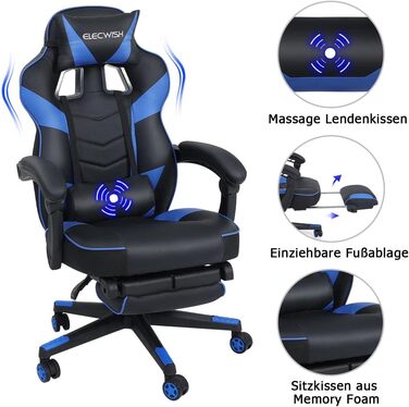 Геймерське крісло Fullwatt Racing з масажем, підставкою для ніг та регульованою спинкою (90-150°) - Сіро-чорне, PU шкіра, для дорослих
