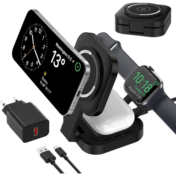 3-в-1 індукційна зарядна станція для Apple: iPhone, Apple Watch, AirPods (з адаптером), чорний