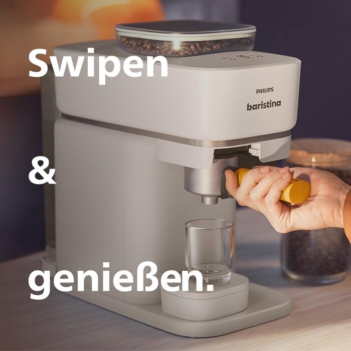 Philips Baristina Espresso Machine - Real Espresso, made simple. Compact coffee machine, Natural White with mango yellow portafilter, 16-bar pump pressure, automatic grinder, Cafe Crema (BAR300/03)