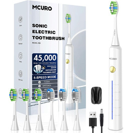 Електрична зубна щітка SonicClean 45000 VPM з 6 насадками, 5 режимів, таймер, індикатор заряду, відбілювання за 1 тиждень, 120 днів роботи від акумулятора