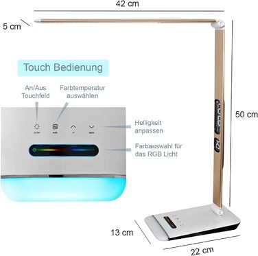LED лампа Eaxus® для робочого столу 12 Вт з RGB підсвічуванням - регульована настільна лампа 500 lm, сенсорне управління, годинник, календар та індикатор температури, офісна лампа, аксесуари для столу, мідного кольору
