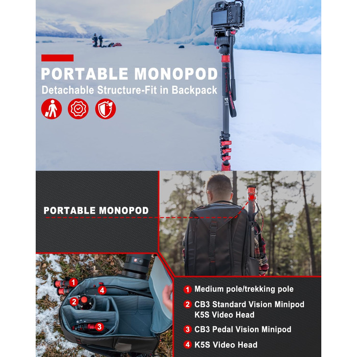 Монопод IFOOTAGE Cobra 3 A180F: штатив-трекінговий стрижень для DSLR/Camcorder, алюміній, 180 см, вантажопідйомність 8 кг