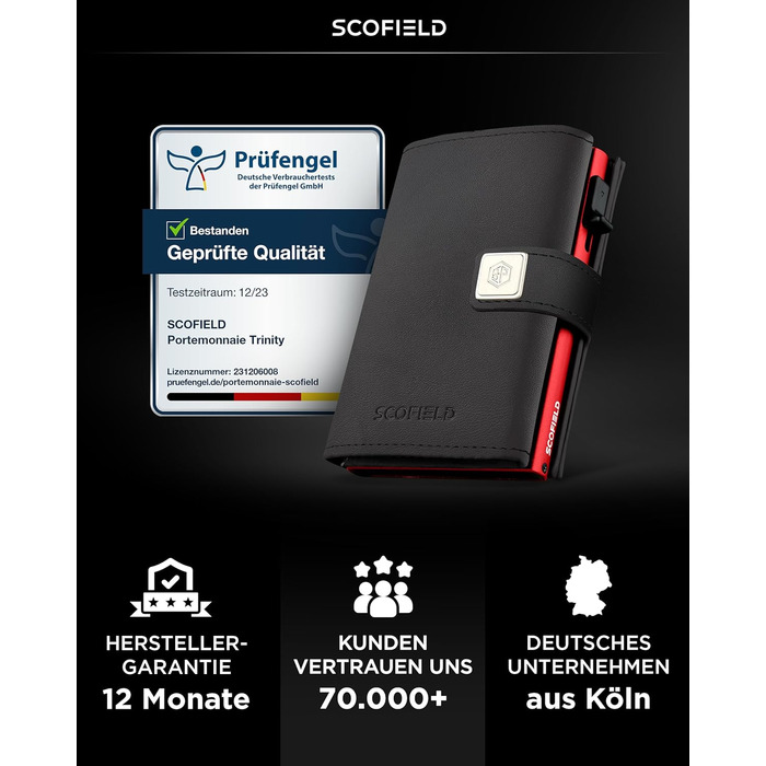 Чоловічий гаманець SF SCOFIELD з відділом для монет | Тонкий гаманець на 9-11 карт | RFID захист | Гаманець для чоловіків | Smart гаманець | Чоловіче портмоне | Чорний - Вогняно-червоний | Мюнцфах Max