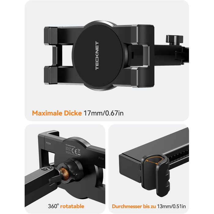 Тримач для планшета в авто TECKNET: універсальний, 360° обертання, для iPad, iPhone, Galaxy Tab, Switch (4.7-12.9