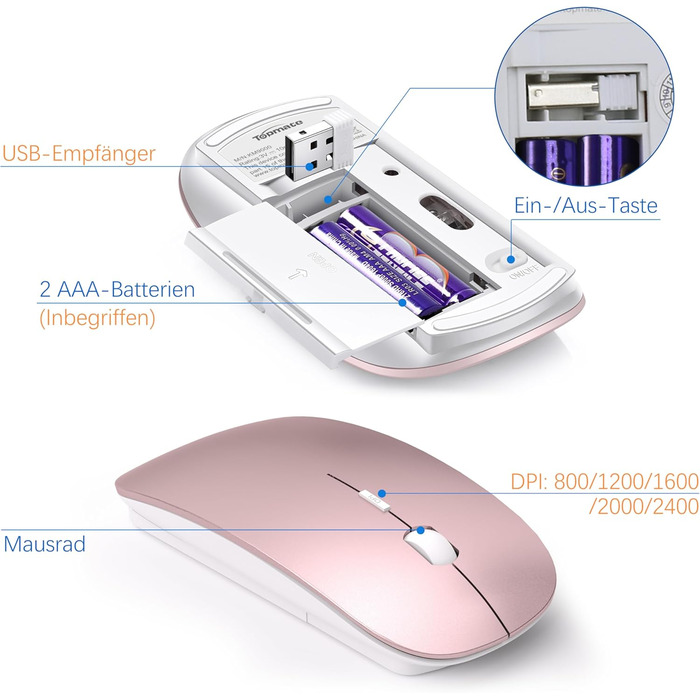 Комплект клавіатури та миші TopMate 2.4G Ultra Slim: тиха клавіатура з перемикачами Schissschalter та миша 2400DPI USB, з чохлом та батарейками AA/AAA, для ПК/ноутбука/Windows/Mac (Рожеве золото, Білий)