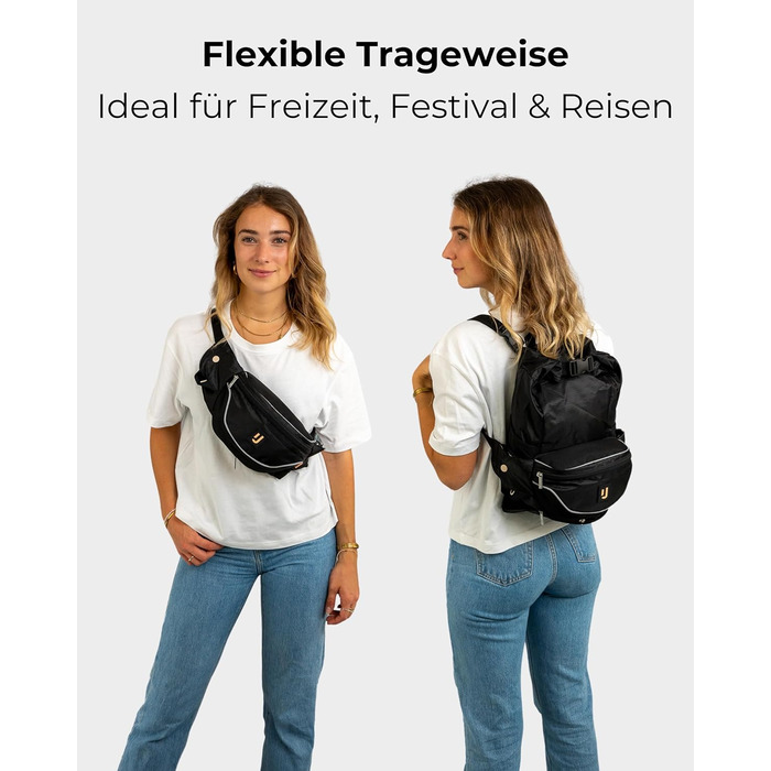 Чоловіча та жіноча поясна сумка Johnny Urban Jimmy 2в1 - рюкзак, складаний, для фестивалів, мультифункціональна, водовідштовхувальна (Чорний)