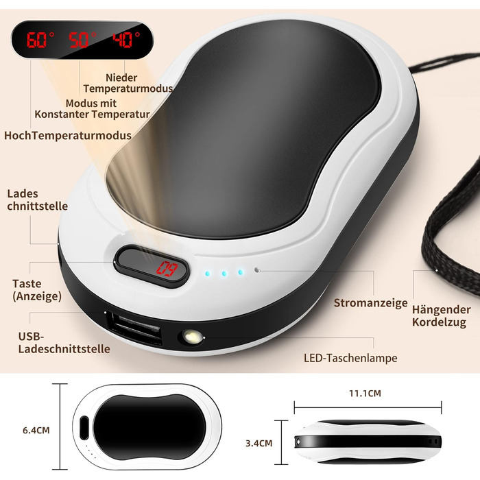 Електричні грілки для рук 2 шт. 10000 мАг з цифровим дисплеєм, USB-зарядка, Powerbank, подарунок на зиму для жінок та дітей (чорний/сріблястий)