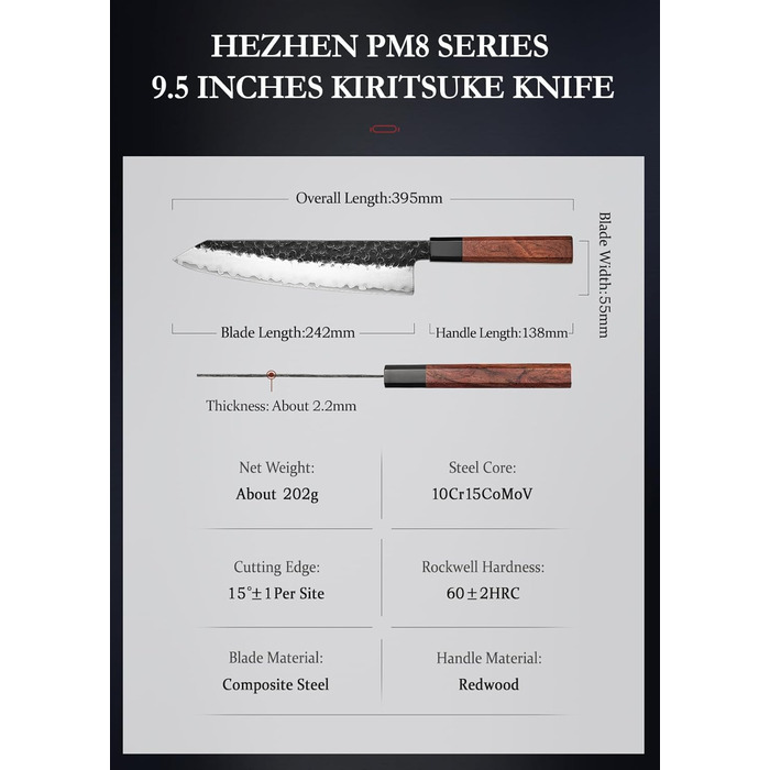HEZHEN 21.5cm Kiritsuke Chef's Knife - 3-Layer Forged Steel, Japanese Kitchen Knife with Redwood Handle & Wooden Sheath