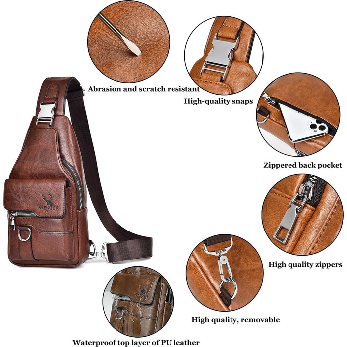 Чоловіча шкіряна нагрудна сумка-слінг, водонепроникна, для подорожей, велоспорту та кемпінгу (темно-коричнева)