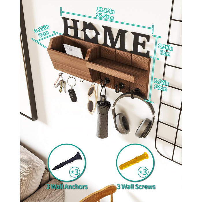 Держатель для ключів HapiRm з декором HOME, дерев'яне ключниця з 7 гачками, з полицею. Підходить для входу, передпокою, спальні, офісу, коричневий