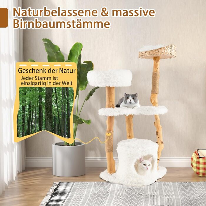 Дерев'яна кігтеточка SOARS для котів з 3 природними стовбурами, ліжком та плюшевими поверхнями, з іграшковим м'ячиком та джутовим мотузком, багатоповерхова, біла (124 см)