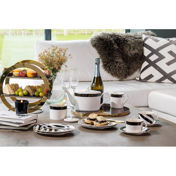 Mikasa Luxe Deco Porcelain Teapot, large 4-cup teapot with filter, 1.1L, Art Deco print and genuine gold accents, dishwasher safe