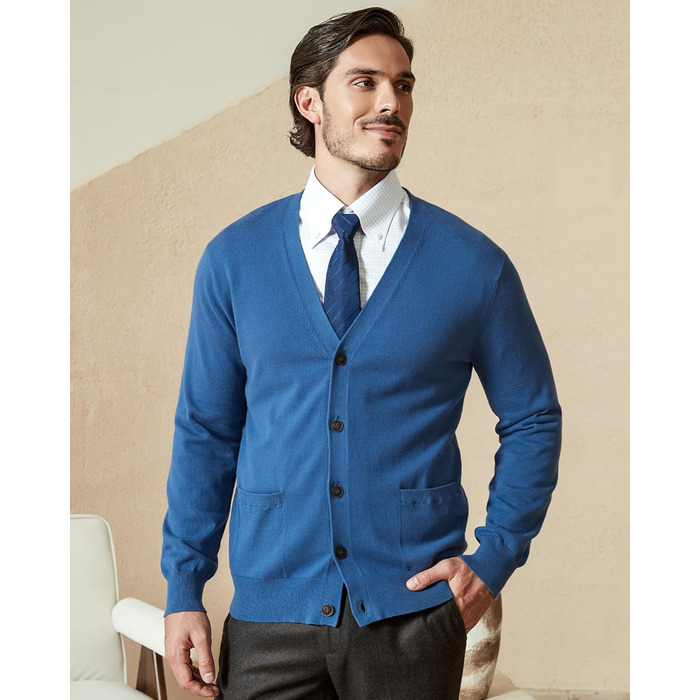 Чоловічий кардиган Kallspin з бавовни, V-подібний виріз, довгий рукав, з ґудзиками та кишенями, Casual (Синій, XXL)