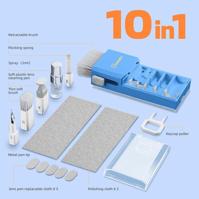 Набір для чищення клавіатури та гаджетів: клавіатура, ноутбук, iPhone, iPad, камера, AirPods, комп'ютер. Компактний набір з спреєм та щіткою, багатофункціональний інструмент для екранів електроніки (himmelblau)