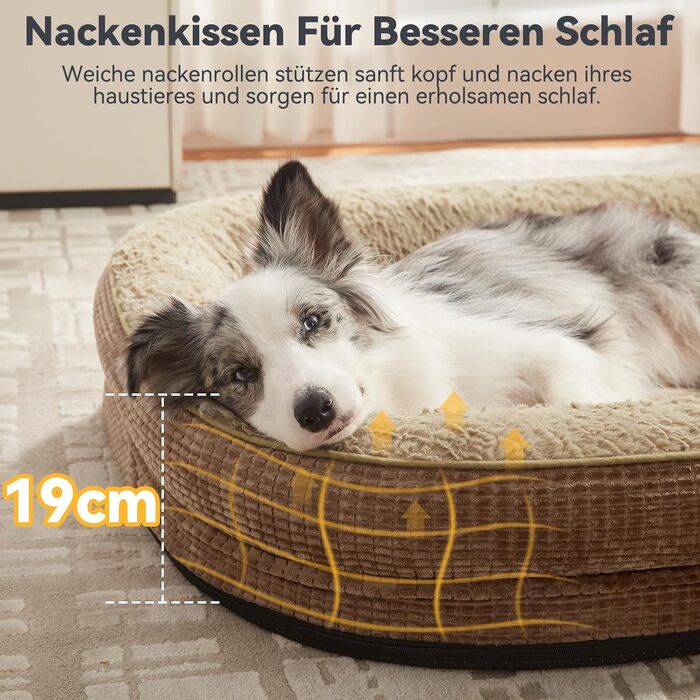 Ортопедичне ліжко для собак середніх порід Pawk, з чотиристороннім валиком для шиї, з memory foam, водонепроникне, антиковзаюче, знімне та пральне (122 x 89 x 19 см)