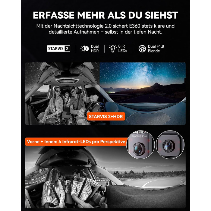 Панорамний відеореєстратор VANTRUE E360 5.2K Dual STARVIS 2 HDR 360°, сенсорний екран 1.54