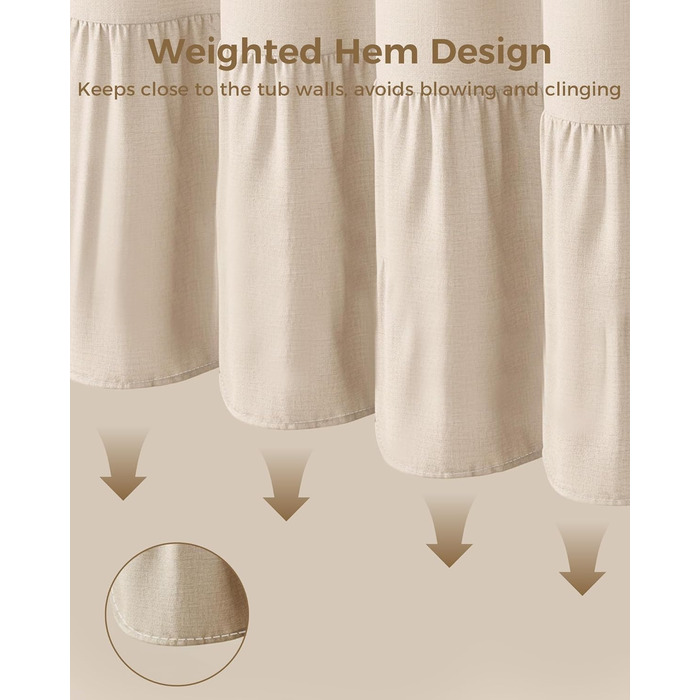 Штора для душу 180x180 см Бежева, Льняна текстура - Водонепроникна, з обтяженим краєм, 12 кілець, для ванної кімнати