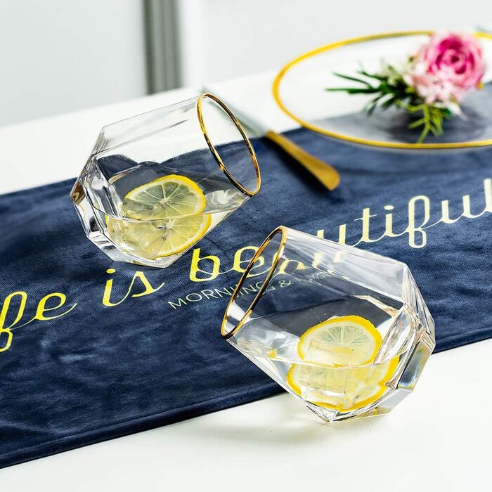 Diamond Whiskey Glasses 4-Piece Set, Tilted Scotch Glasses 300 Ml, Modern Look Whiskey Glasses for Men, Women, Dad, Husband, Friends, Glassware for Bourbon/Rum/Bar Tumbler, Clear + Gold Rim 4