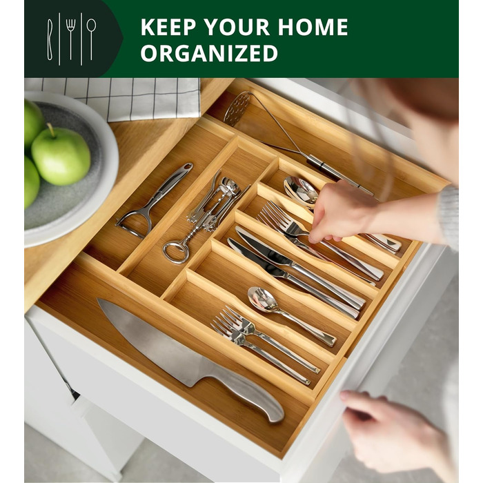 Органайзер для кухонних ящиків з бамбука – тримач для столових приборів та кухонного начиння (9 відділень, натуральний колір)