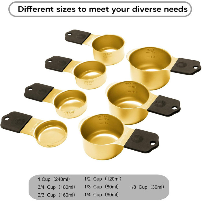 Magnetic Measuring Cup and Spoon Set, including 7 gold-colored stainless steel measuring cups and 8 magnetic gold measuring spoons with 1 leveler for cooking and baking