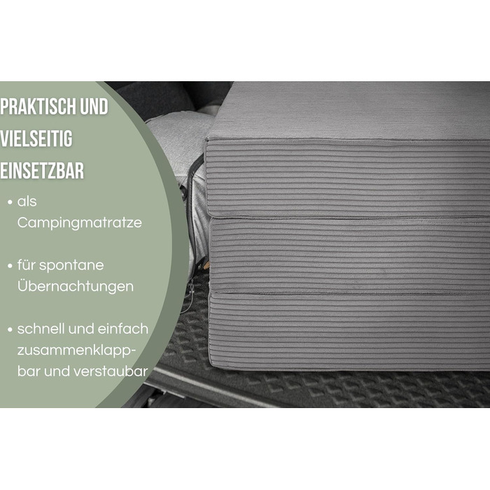 Badenia Trendline Foldable Guest Mattress with Durable Microfiber Cover, Öko-Tex Certified, 196 x 65 x 8.5 cm Sleeping Area, produced according to German quality standards. Height 8.5 cm (Light Gray - Cord, Height 15.5 cm)