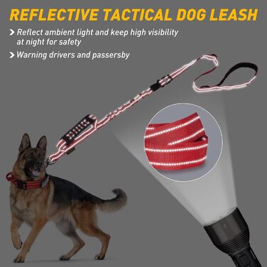 Тактична повідок для собак AUBELL, міцна, світловідбиваюча, без натягу, банджі-повідок для середніх та великих собак, з м'якою ручкою, авто-ремнем безпеки, обертання на 360°, зелена (M-L, червона)