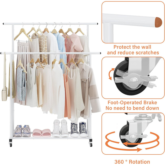Clothes Rack with Double Rod, Rolling Clothes Rack, Portable Clothes Rack for Bedroom, Living Room, Clothing Store, (White)