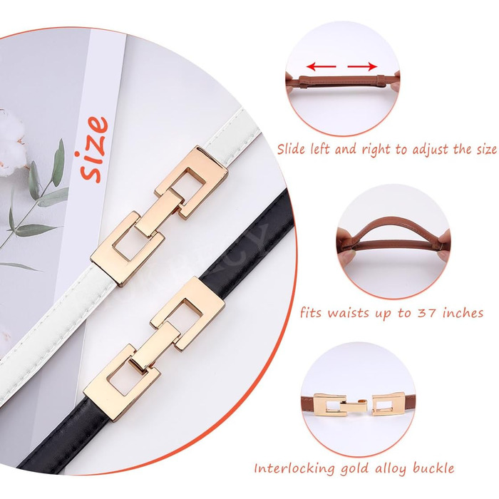 Жіночі шкіряні ремені (2 шт.) - тонкі, з золотою пряжкою для суконь та пальто (чорний+білий)