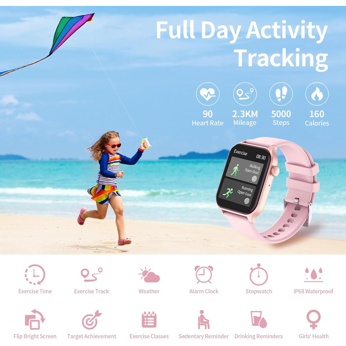 Дитячий розумний годинник Kinderuhr: фітнес-трекер з пульсометром, лічильником кроків, будильником, IP68, водонепроникний, для хлопчиків та дівчаток, рожевий