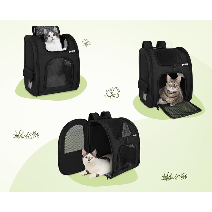Pecute Pet Carrier Backpack with Mesh Window - Portable & Foldable Cat & Dog Carrier Bag - Breathable, Lightweight, Waterproof Oxford Cloth - Large Capacity, Non-Slip, Black, Classic Mesh (L)