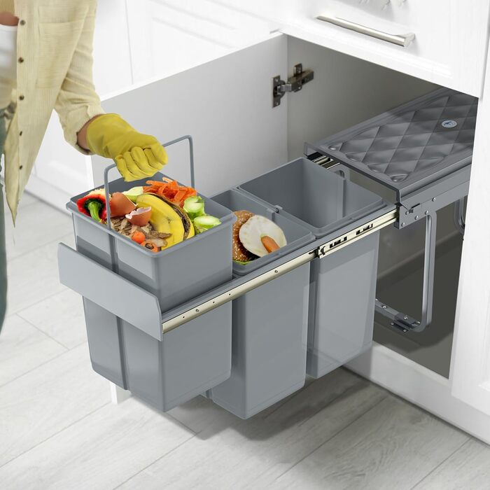 Вбудований контейнер для сміття HENGMEI для кухні, висувний, 3 секції по 10л, сірий