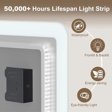 Дзеркало для ванної кімнати STARLEAD з підсвічуванням 100x70 см, Bluetooth, протитуманне покриття, регулювання яскравості, 3 кольори світла, функція пам'яті, IP44, LED, горизонтальне/вертикальне, HD скло, Madrid Silver (Bluetooth)