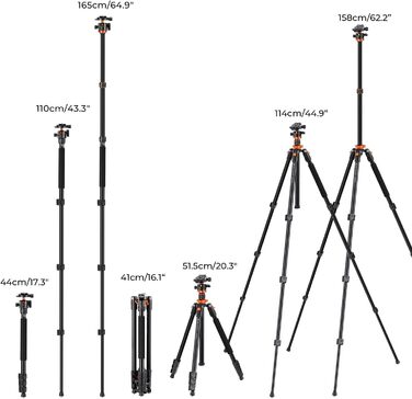 Штатив K&F Concept 200CM (78 дюймів) для камери: міцний трипод з кульковою головкою 360°, функцією однонога та 1/4'' гвинтовим з'єднанням. Підходить для DSLR-камер (до 158 см, 10 кг, алюміній, з двосторонньою пластиною).