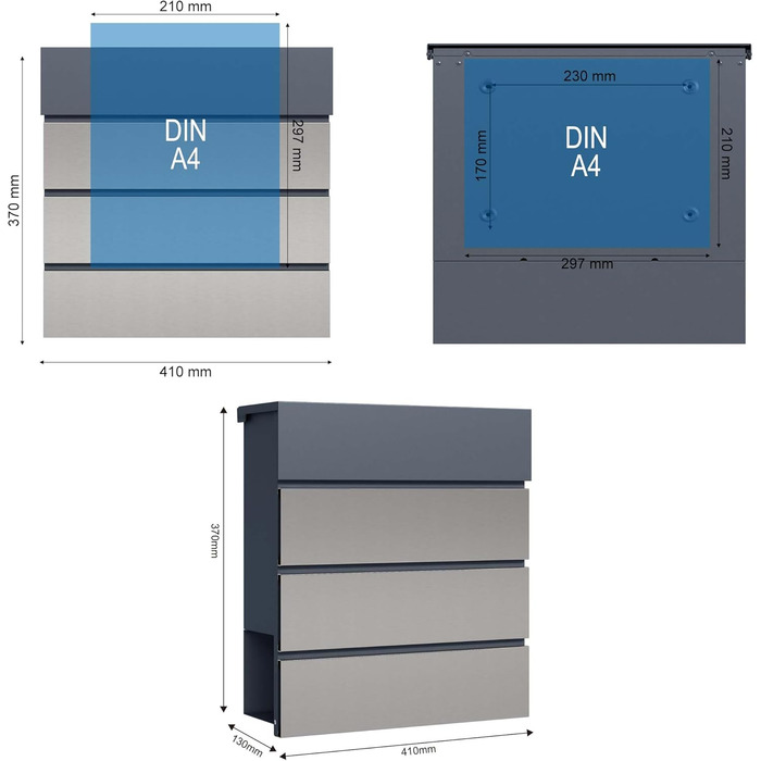 Поштовий ящик настінний сталевий V63 антрацит з дерев'яним декором 410x130x370 мм, з замком, плавним закриттям та відділенням для газет