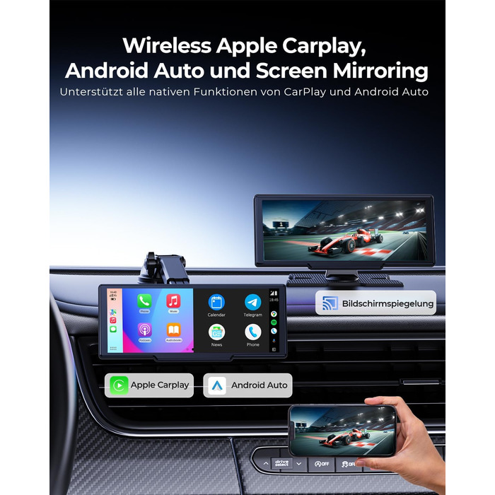 Krunia 8.1'' Бездротовий портативний CarPlay-екран 60FPS для Apple CarPlay та Android Auto з OTA-оновленнями, камерою заднього виду, Mirror Link, Bluetooth, голосовим керуванням та GPS-навігацією