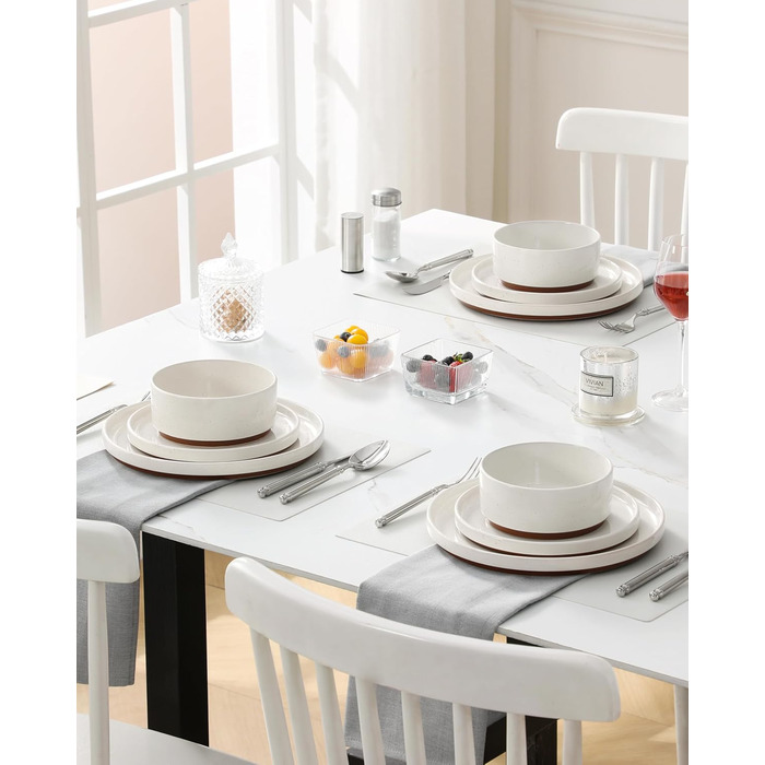 Набір посуду MALACASA з каменю (18 предметів) для 6 осіб, керамічний сервіз з глазур'ю 'сезам', білий з коричневим дном, набір тарілок та мисок